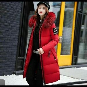 Red puffer coat